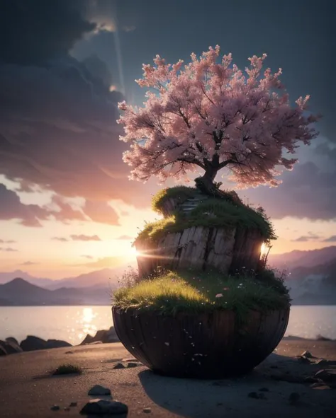 a tree on a rock with a sunset in the background