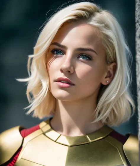 1girl, skin pores texture, Hair blonde short, HD , Photography, movie, cinematic, full Body armor red , blue and gold, hero, Rea...