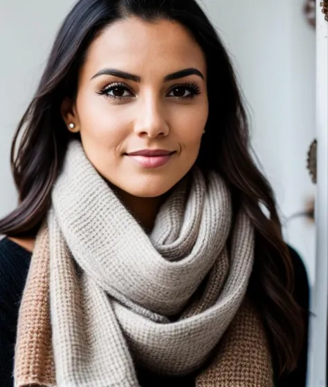 a woman with a scarf on looking at the camera