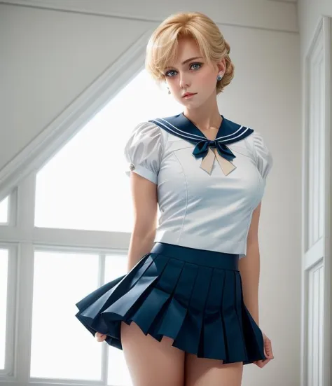 professional photo of sailor uranus, mature woman, small breasts, aqua eyes, blonde hair, sailor senshi uniform, sailor collar, ...