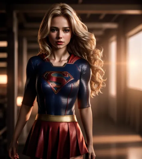 Photo of supergirl person, hair blonde, Best quality, skirt red, masterpiece, ultra high res, (photorealistic:1.4), raw photo, cinematic lighting, blender, 8 k