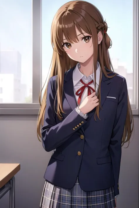 anime girl in school uniform standing in front of window with her hands on her hips