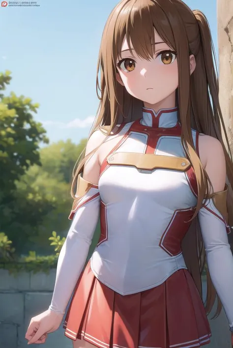 asunayuuki, asuna yuuki, long hair, brown hair, (brown eyes:1.7), (small breast:1.2),
BREAK skirt, thighhighs, bare shoulders, detached sleeves, armor, white thighhighs, breastplate, red skirt,
BREAK outdoors, nature, forest, sun, sky,
BREAK looking at viewer, (cowboy shot:1.5),
BREAK (masterpiece:1.2), best quality, high resolution, unity 8k wallpaper, (illustration:0.8), (beautiful detailed eyes:1.6), extremely detailed face, perfect lighting, extremely detailed CG, (perfect hands, perfect anatomy),