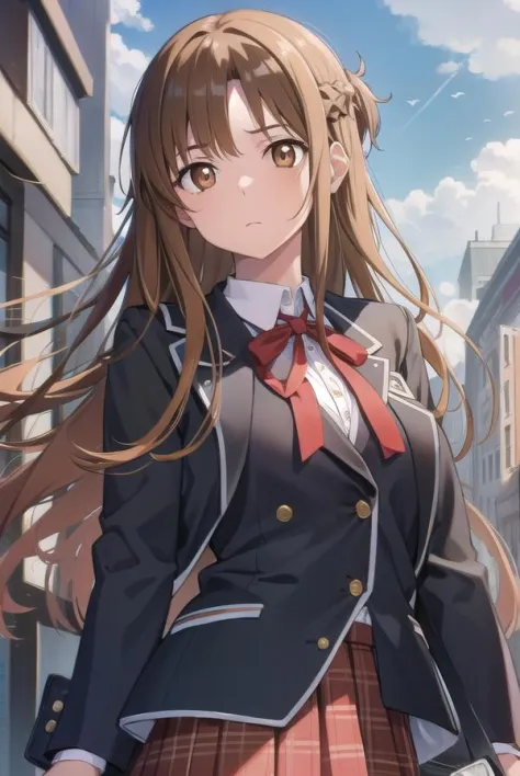 asunayuuki, asuna yuuki, long hair, brown hair, (brown eyes:2),
BREAK skirt, shirt, long sleeves, ribbon, , jacket, white shirt, red ribbon, black jacket, closed jacket, neck ribbon,
BREAK outdoors, city,
BREAK looking at viewer, BREAK (masterpiece:1.2), best quality, high resolution, unity 8k wallpaper, (illustration:0.8), (beautiful detailed eyes:1.6), extremely detailed face, perfect lighting, extremely detailed CG, (perfect hands, perfect anatomy),