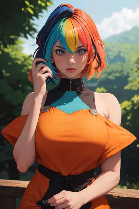 a close up of a woman with a colorful hair and a cell phone