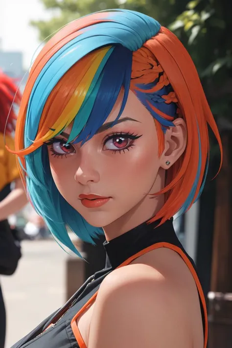 a close up of a woman with colorful hair and a black top