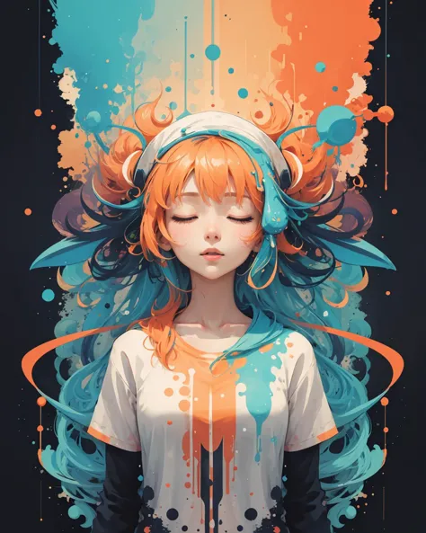 a girl with orange hair and blue hair wearing headphones