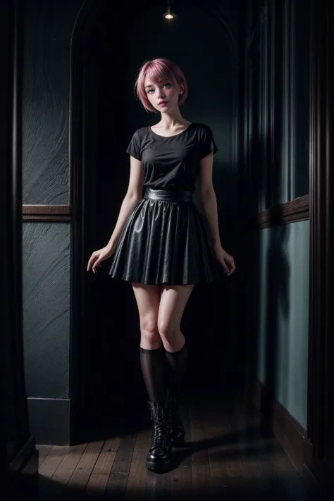 RAW photo, (goth girl), (style of Sarah Moon:1.4), eerie, dark theme, Confusion, Tulle skirt, band tee, and combat boots, V-shap...