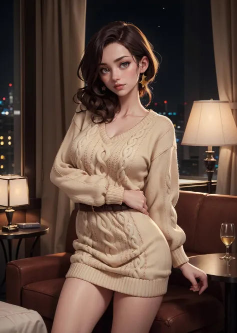 woman posing for a photo,(wearing jumper_dress:1.3), good hand,4k, high-res, masterpiece, best quality, head:1.3,((Hasselblad photography)), finely detailed skin, sharp focus, (cinematic lighting), collarbone, night, soft lighting, dynamic angle, [:(detail...