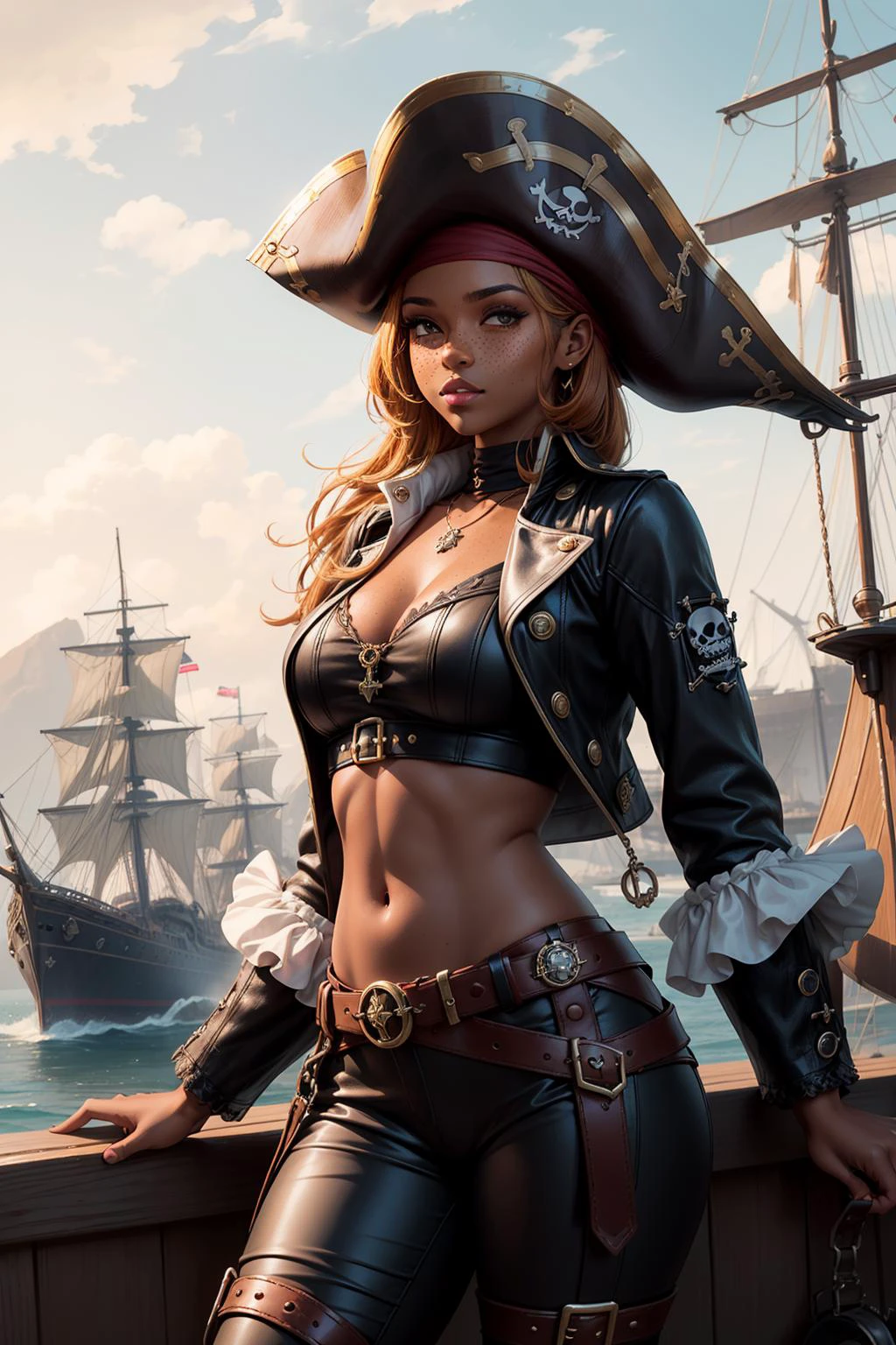 ((1 dark skinned African woman with freckles)), practical pirate attire, (((white long-sleeved pirate blouse))), (((long baggy pants))), small breasts, torn pirate hat, looking at viewer, many necklaces, bracelets, (((large freckles:1 all over body))), Caribbean sun, ((leather black tricorn hat)) with feathers sticking out from it, and [high leather boots] with [metal buckles] and [spurs]. deck of the ship, and [dramatic sky] in natural light, with [soft shadows], fantasy, ((steampunk)), ((pirate ship)), prt:03, 