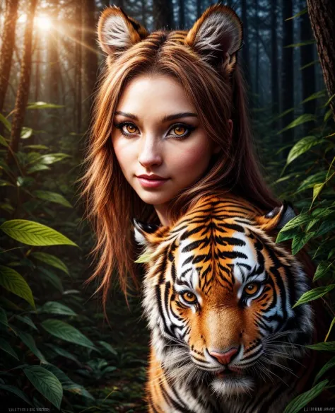 an epic game illustration,a beautiful enchanted young woman littlebit mixed tiger,with tiger nose features on the face,in a wint...