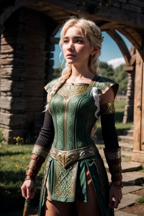 a woman in a green dress and a sword standing in front of a stone building