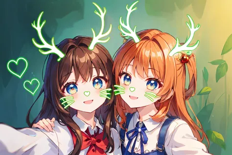 2girl, hires,high resolution, neonfacefilter,( antlersfilter:1.1), whiskersfilter, heartsfilter, green face filter, face filter, <lora:neon face filter v1:1>,  dress, shirt, cheek to cheek, smile, upper body, selfie, picture, brown hair, orange hair, blue eyes, park