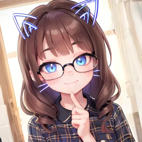 anime girl with glasses and cat ears pointing at the camera