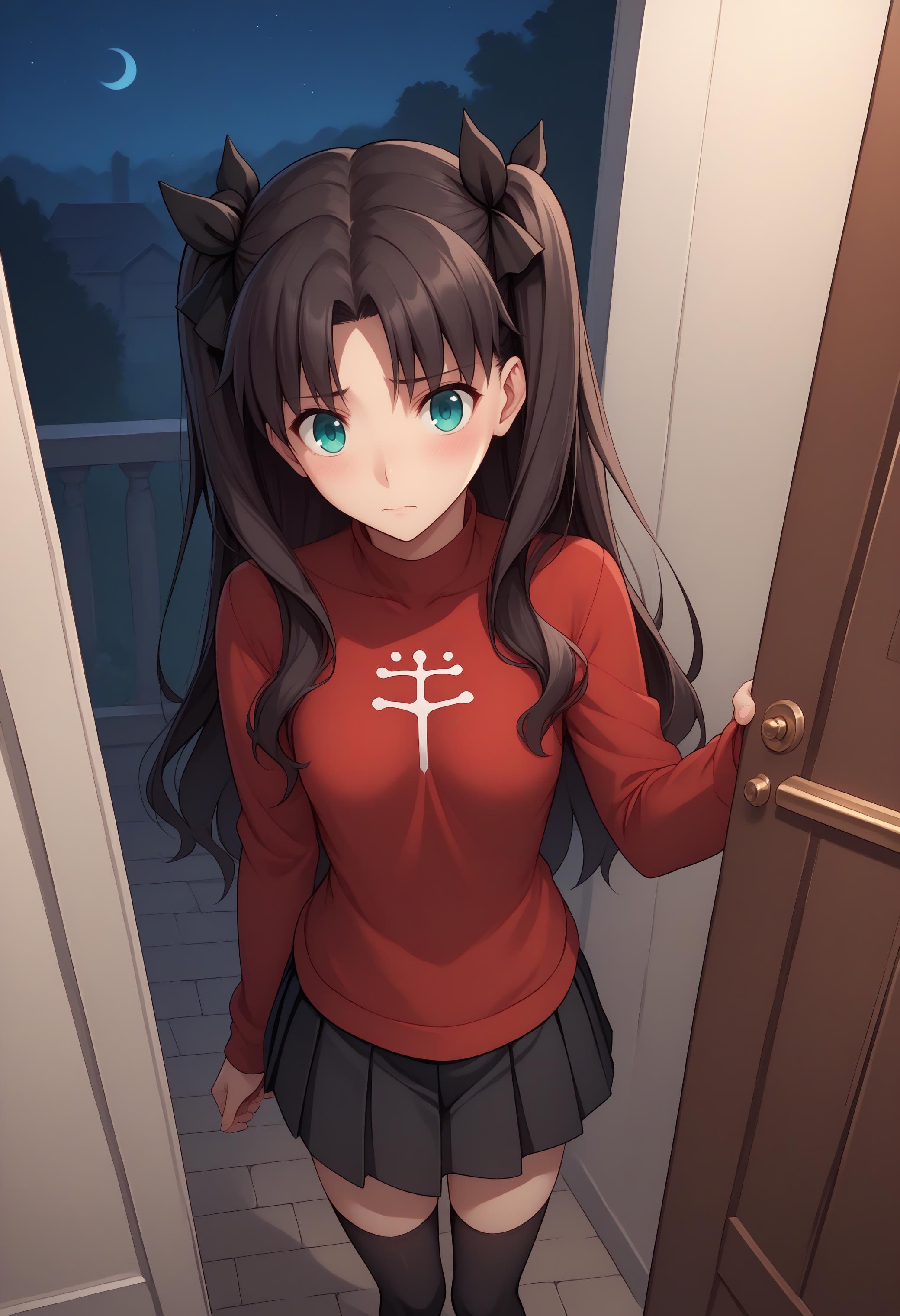 Anime girl with long hair and blue eyes standing in front of a door -  SeaArt AI