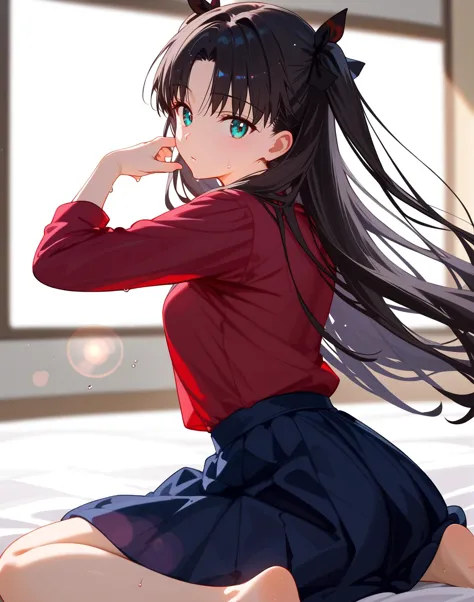 anime girl sitting on a bed with long hair in a red shirt