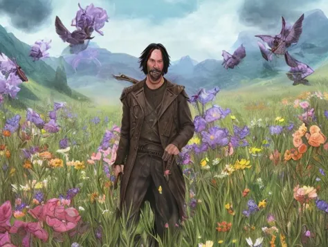 arafed image of a man in a field of flowers with birds flying around