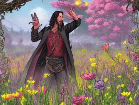 arafed image of a man in a field of flowers holding a bird