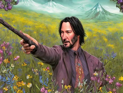 arafed image of a man holding a gun in a field of flowers