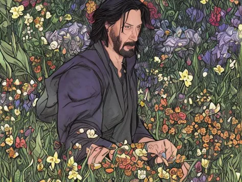 a drawing of a man sitting in a field of flowers