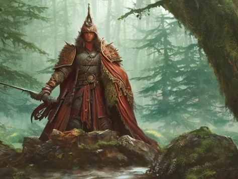 a close up of a person in a red cloak and a sword