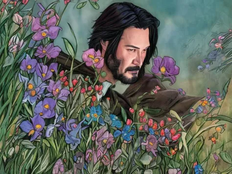 arafed image of a man with a beard and a beard in a field of flowers