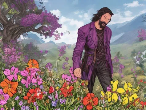 painting of a man in a purple jacket walking through a field of flowers