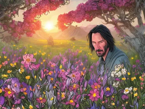 a painting of a man in a field of flowers with a sunset in the background