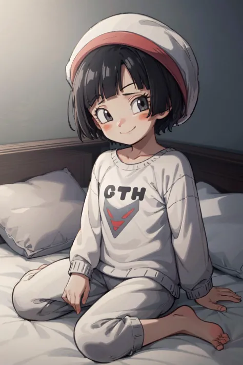 pan (dragon ball), 1girl, black hair, short hair, black eyes, white pajama, white pants, barefoot, tired, smile, sitting on bed,...