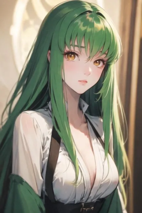 ((masterpiece)),(best quality),
1girl,(looking at viewer:1.1),(upper body:1.2),<lora:Code Geass - C.C. @ c.c.-000010:1>, c.c.,green hair,orange eyes,