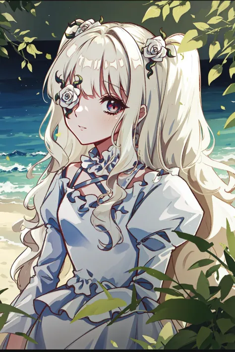 anime girl sitting on a beach with a tree in the background