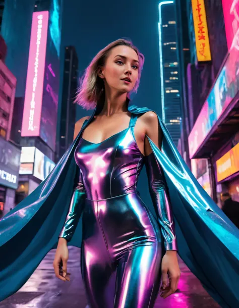 In a futuristic cyberpunk cityscape with neon-lit skyscrapers and holographic advertisements floating through the air, Evie confidently poses in her bold, metallic jumpsuit featuring exposed shoulders and a flowing cape-like train that trails behind her as she strikes a powerful, dynamic pose with one leg bent and her arms extended to the sides, while the camera captures her from a low-angle, looking up at her from the ground, highlighting her strength and authority within this urban graffiti mural setting. <lora:lrvxgs18f536767e0mb25:1>