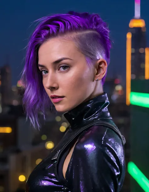 in the future city, evie stands confidently amidst a cyberpunk landscape atop a neon-lit rooftop garden, her sleek black jumpsui...