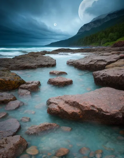 Una tormenta,  Luz del trueno,  atmósfera, día lluvioso, dinámica, acceso, hdr , Luna menguante. flores rosas, piedras transparentes y cristal de diamante en agua, en la playa, fantasía, fumar , Foto, alta definición, 8K ,