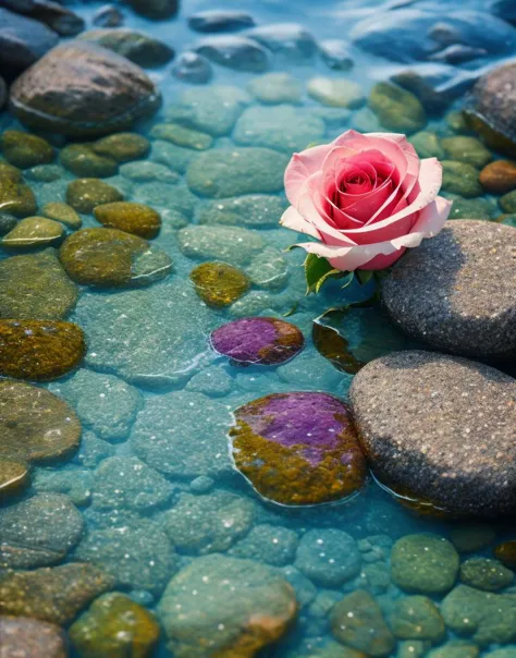 Flores, Dia chuvoso, Dinâmico, acesso, HDR , lua minguante. Flores roses, pedras transparentes e cristal de diamante na água, na praia, fantasia, fumaça , foto, alta definição, 8K ,