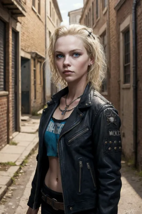 cute punk rock girl, mad max black jacket, renaissance, blonde, blue eyes, (young billie piper:0.2), loose hair in mane, out-of-focus background, alleys, hyperrealistic style, oil painting, fantasy by Olga Fedorova