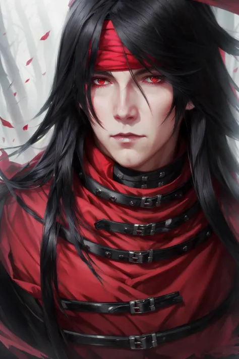 a man with long black hair and red eyes wearing a red outfit