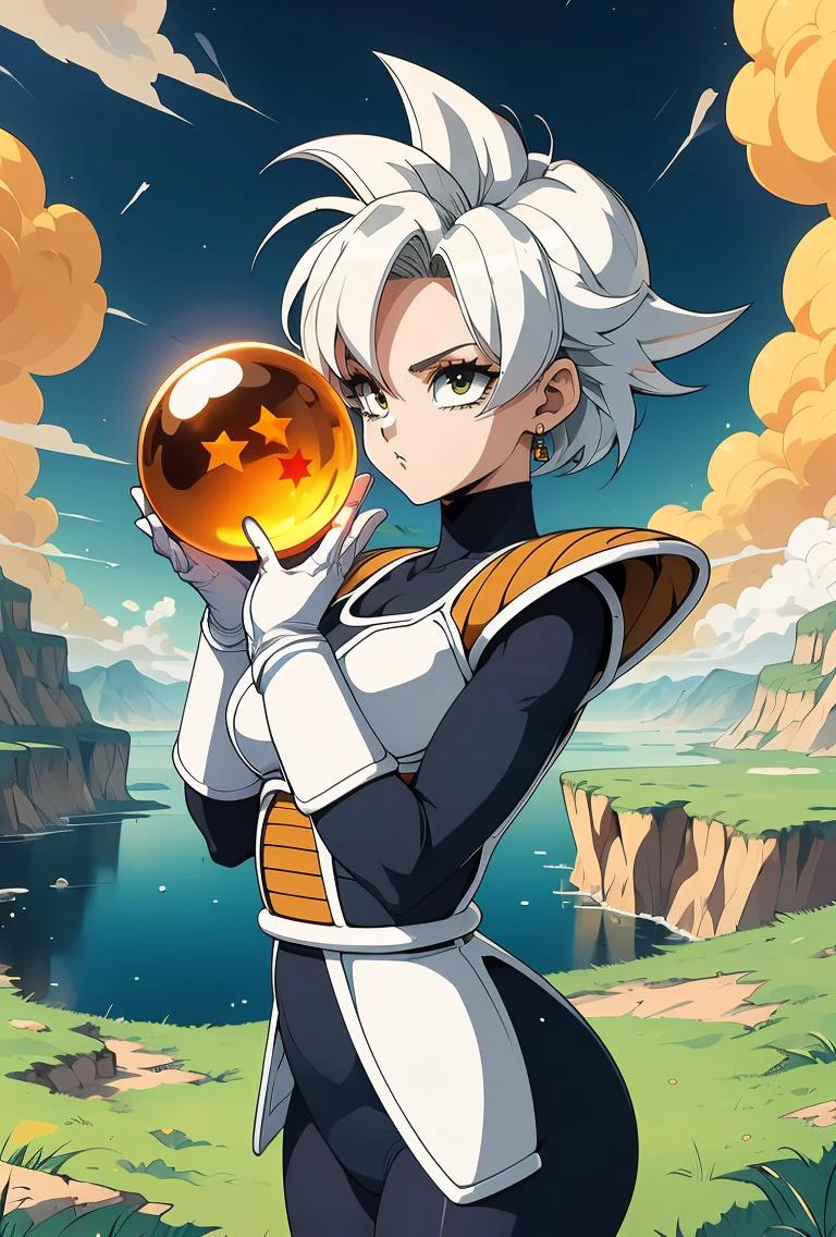 (masterpiece, best quality), 1girl, holding a star dragonball, raise arm, battle armor, blue bodysuit, white gloves, white boots, orange pauldrons, spiked hair, earrings, cloud, sky, hill, lake, grass, plateau