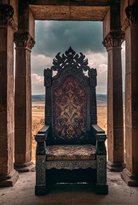 a close up of a chair in a doorway with a cloudy sky in the background