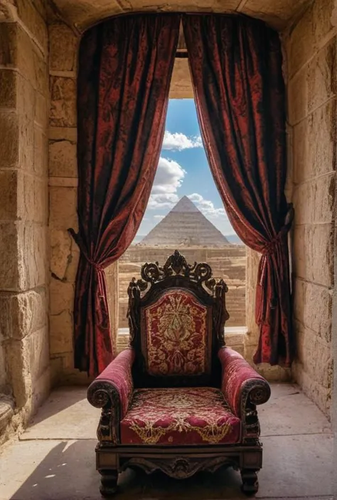 a close up of a chair in a room with a view of a mountain