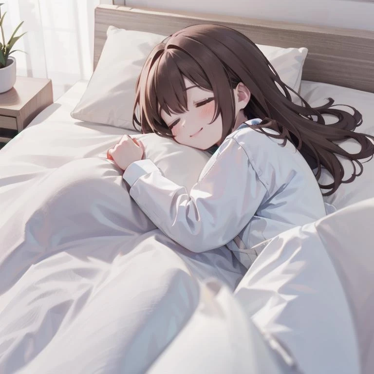 best quality, ultra-detailed, illustration, smile, 1girl, solo,
futon, brown hair, closed eyes, shirt, white shirt, sleeping, lying, pillow, on side, long sleeves, long hair, blanket, comforter, closed mouth, 
 
