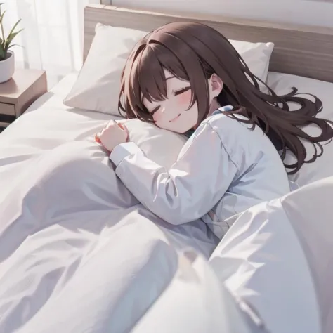 best quality, ultra-detailed, illustration, smile, 1girl, solo,
futon, brown hair, closed eyes, shirt, white shirt, sleeping, ly...