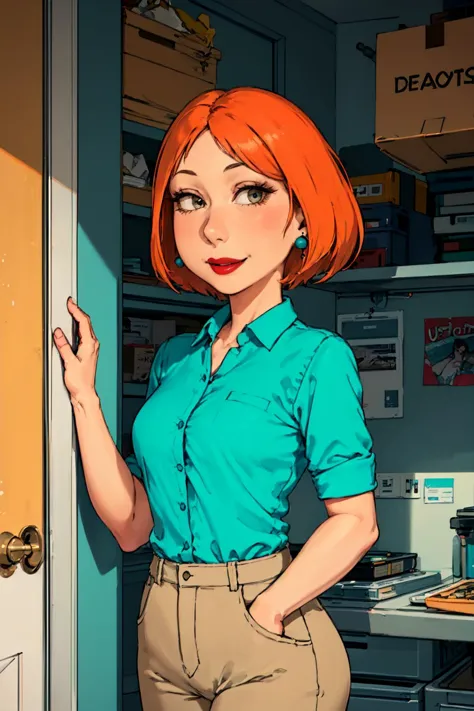 <lora:lois4-000007:0.55> lois, 1girl, blue earrings, short hair, solo, lipstick, orange hair, aqua shirt, beige pants,looking at...