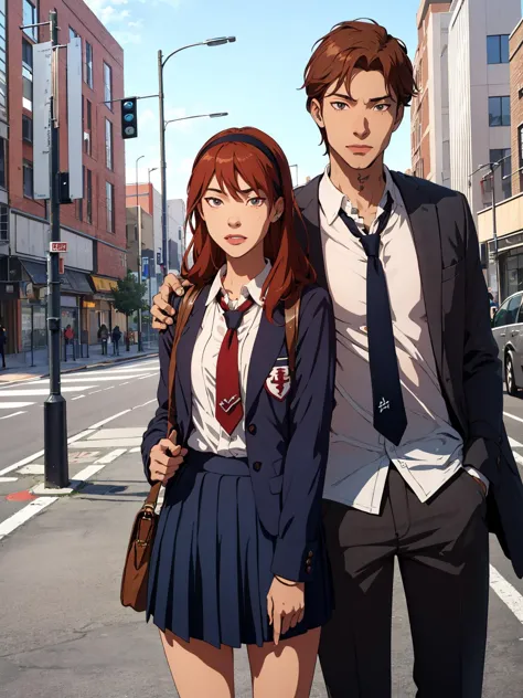 anime characters standing on a city street with a woman in a skirt