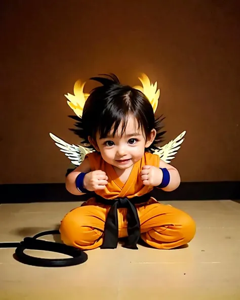(full body:1.3), photography of a KidGoku, son goku, (chibi), (baby, child, boy), solo focus, black hair, spiked hair, halo, ang...
