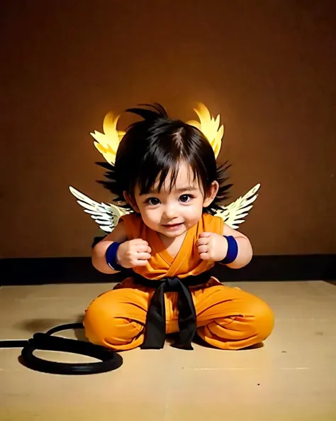 (Ganzkörper:1.3), Fotografie eines KidGoku, son goku, (chibi), (Baby, Kind, Junge), nur konzentrieren, schwarzes Haar, stachelige Haare, Heiligenschein, angel wings, 
Affenschwanz, Armband, Gelb_orange dougi,
Kniend, Beine spreizen,
Film_Theater,
(realistisch,ausführlich, beste Qualität:1.4), Schnelle Hände, 