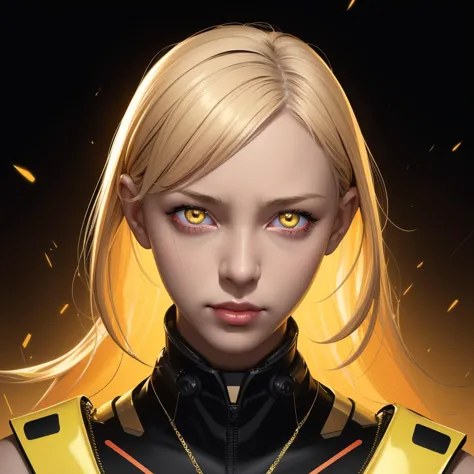 a woman with blonde hair and yellow eyes in a black outfit