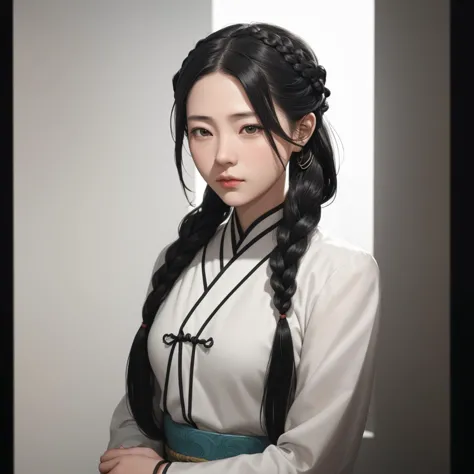 a woman with long black hair wearing a white dress and braids