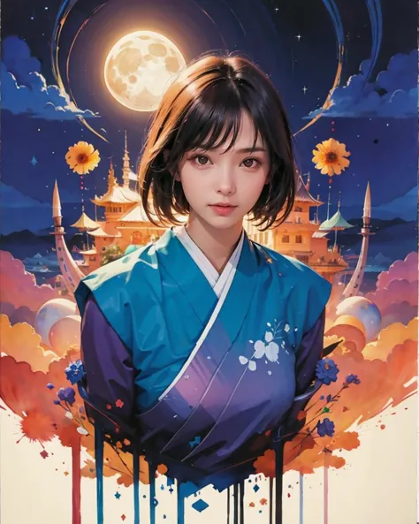 a woman in a blue kimono outfit stands in front of a full moon