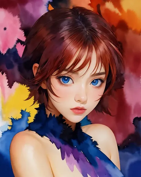 anime girl with blue eyes and red hair in a colorful background